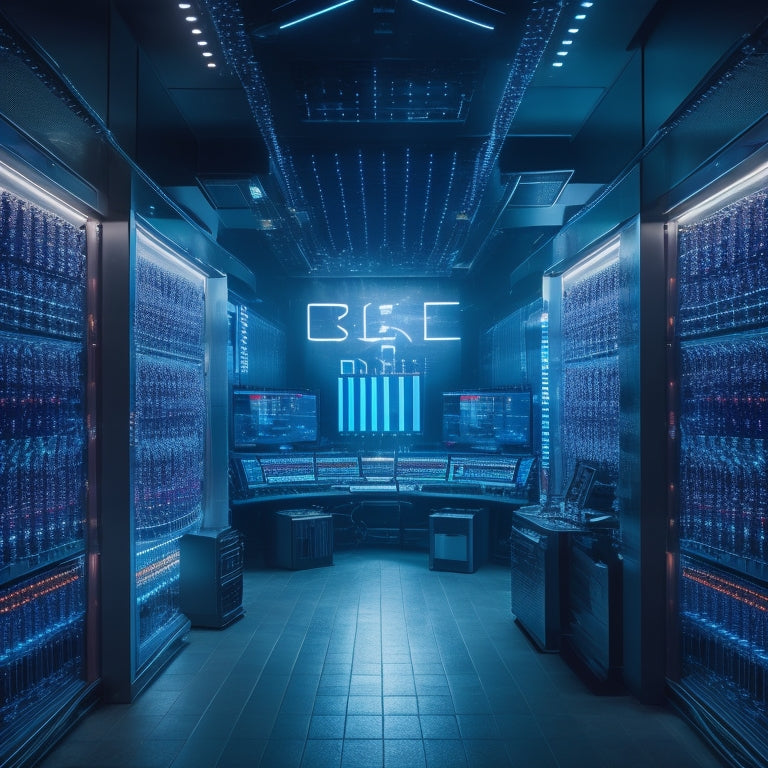 A futuristic, dimly-lit control room with rows of humming servers; a giant, glowing fiber optic cable pulse-racing through the center, surrounded by swirling, orbiting 1s and 0s.