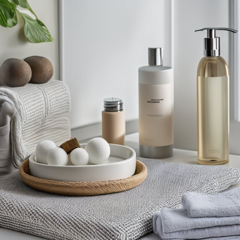 A sleek, modern bathroom countertop with a tidy arrangement of skincare products on a tiered tray, a minimalist soap dispenser, and a woven basket holding rolled towels.