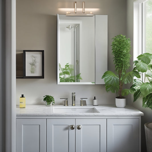 A sleek, modern bathroom with a KOHLER medicine cabinet installed above a minimalist sink, surrounded by marble countertops, soft LED lighting, and a blurred background with a subtle hint of greenery.