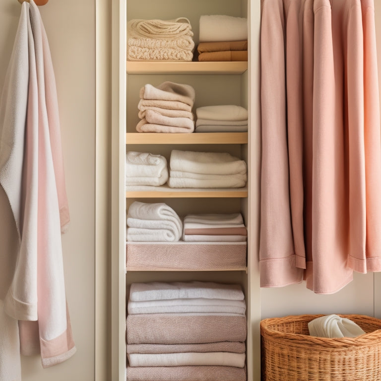 A tidy linen closet with DIY clipboard dividers, wooden shelves, and neatly stacked towels and linens in pastel hues, surrounded by natural light and subtle beige walls.