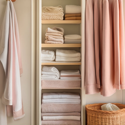 A tidy linen closet with DIY clipboard dividers, wooden shelves, and neatly stacked towels and linens in pastel hues, surrounded by natural light and subtle beige walls.