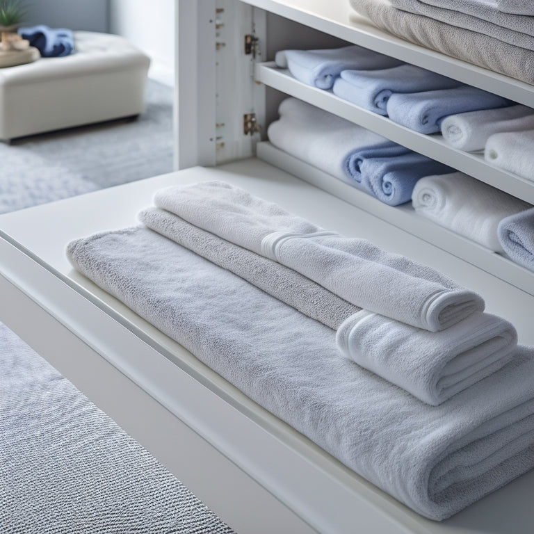A serene, minimalist drawer interior with soft, warm lighting, featuring neatly arranged, matching white storage bins, and a few carefully placed, rolled-up towels in a gentle, curved line.