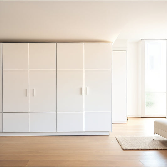 A minimalist, modern room with three sleek white wall storage cabinets of varying sizes, each with clean lines, minimalist hardware, and soft, warm lighting, set against a crisp white background.