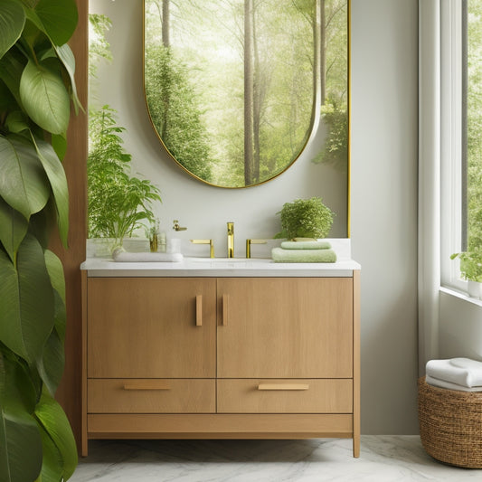 A stylish, modern bathroom with a sleek, wall-mounted sink and matching, soft-close cupboard in a warm, oak wood tone, set against a crisp, white marble backdrop and surrounded by lush greenery.