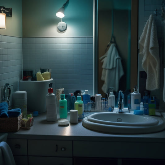 A dimly lit, cluttered bathroom with scattered toiletries, towels, and trash, with a subtle, eerie glow emanating from beneath the mess, hinting at hidden secrets and surprises.