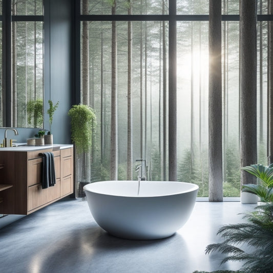 A serene, modern bathroom with a large, freestanding tub, surrounded by sleek, grey marble floors and walls, with a stunning, floor-to-ceiling window showcasing a lush, green forest outside.