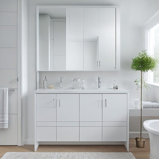 A modern, white bathroom with modular storage units featuring clean lines, minimalist hardware, and varying cabinet sizes, surrounded by sleek fixtures and a large, frameless mirror.