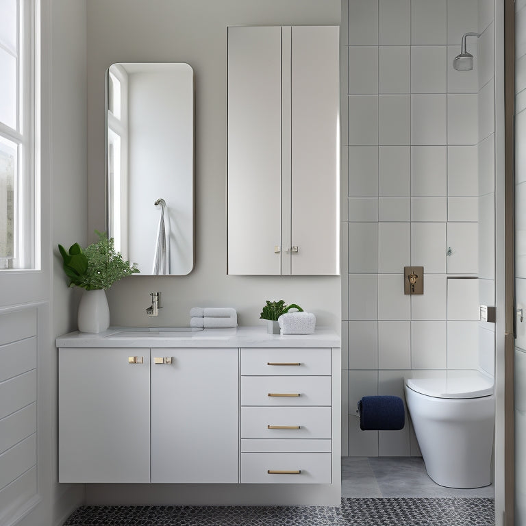 A sleek, modern bathroom with a compact cabinet featuring a mirrored door, wall-mounted and recessed into a corner, surrounded by crisp white tile and a minimalist sink.