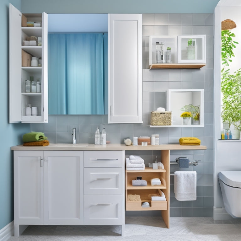 A bright, modern bathroom with a sleek vanity, showcasing a pull-out drawer organizer filled with neatly arranged toiletries, a hanging shower caddy, and a recessed medicine cabinet with mirrored door.