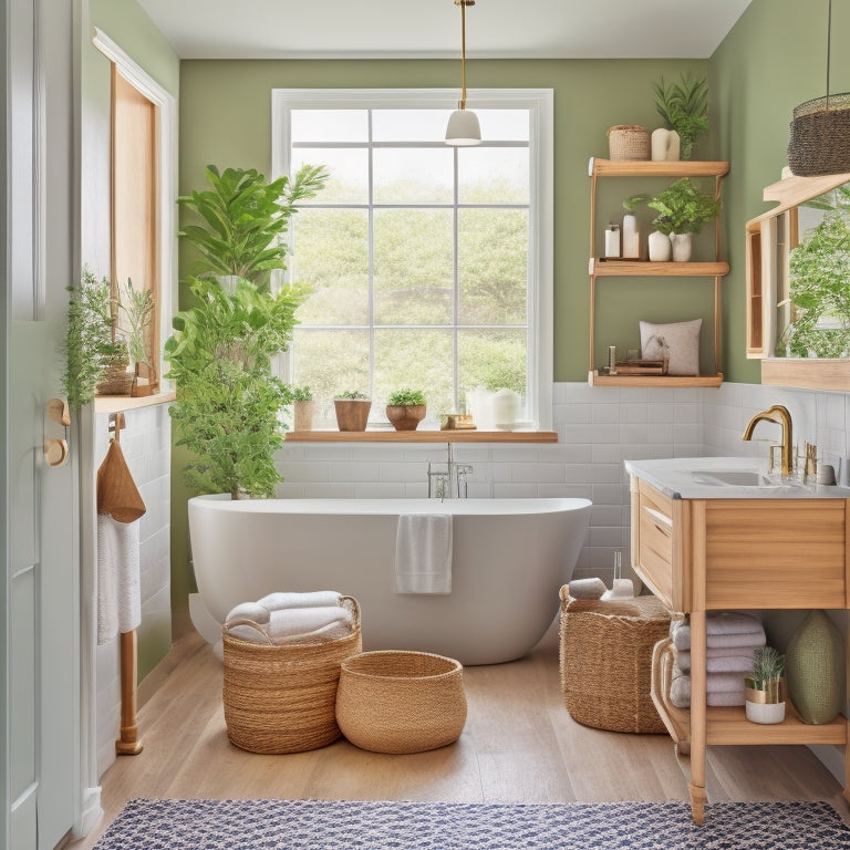 A modern bathroom with a freestanding tub, surrounded by floating shelves, woven baskets, and a ladder storage unit, showcasing a clutter-free space with a natural color palette and ample greenery.