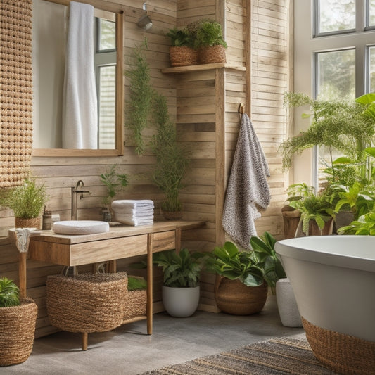 A serene bathroom interior with a reclaimed wood vanity, a living wall, a low-flow showerhead, and woven baskets storing rolled towels and potted plants, surrounded by calming greenery and natural light.