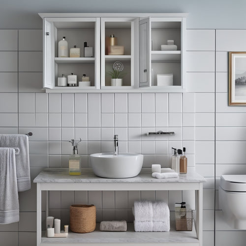 A bathroom vanity with a wall-mounted shelf above it, partially installed, with tools and materials scattered around, including a level, drill, and shelving brackets, against a light gray background.