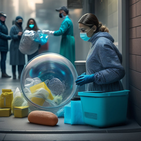 An illustration of a person wearing a mask, standing 6 feet away from others, with soap bubbles and a trash can with disposable gloves and tissues nearby, surrounded by subtle virus particles.