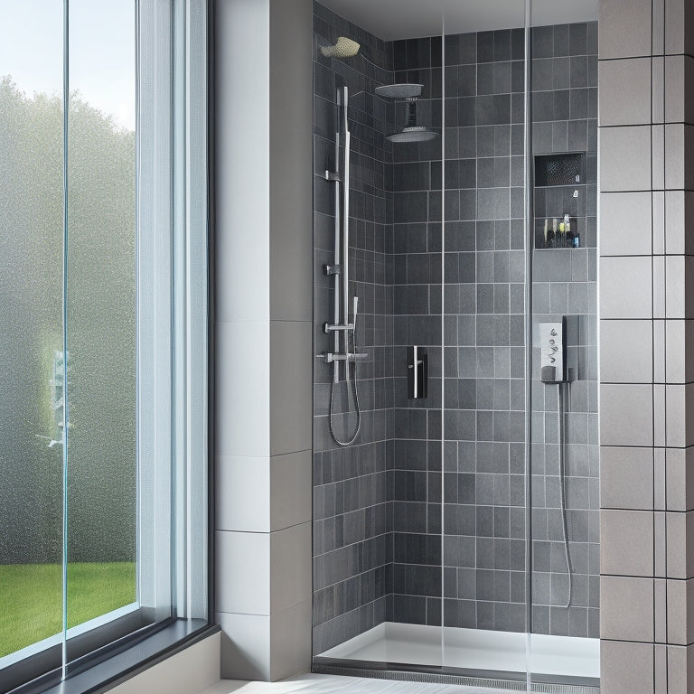 A sleek, modern shower with a wall-mounted rainfall showerhead, surrounded by floor-to-ceiling glass panels, featuring a recessed niche with a built-in shelf and a rainfall shower caddy.