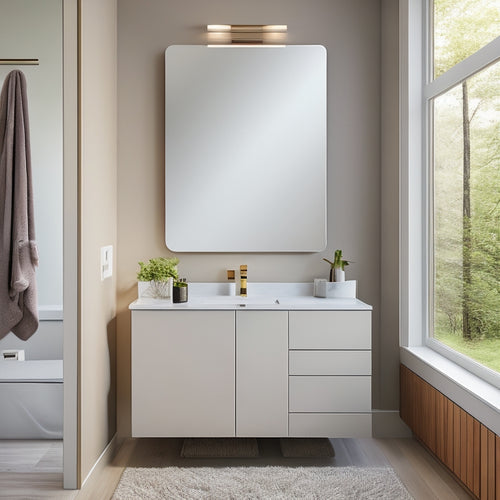 A modern bathroom with a sleek, wall-mounted vanity featuring a sliding mirror that reveals a hidden storage compartment, surrounded by minimalist fixtures and a neutral color palette.