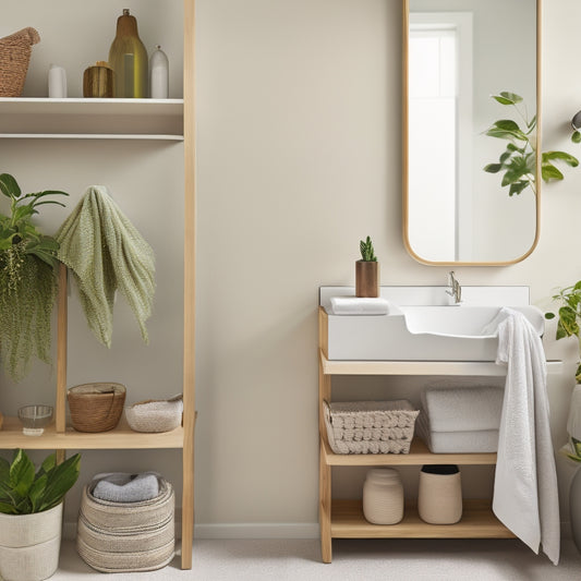 A serene bathroom featuring elegant wall-mounted shelves, organized with neatly arranged towels, small potted plants, and stylish baskets. Soft lighting highlights a minimalist aesthetic, with a muted color palette enhancing tranquility.