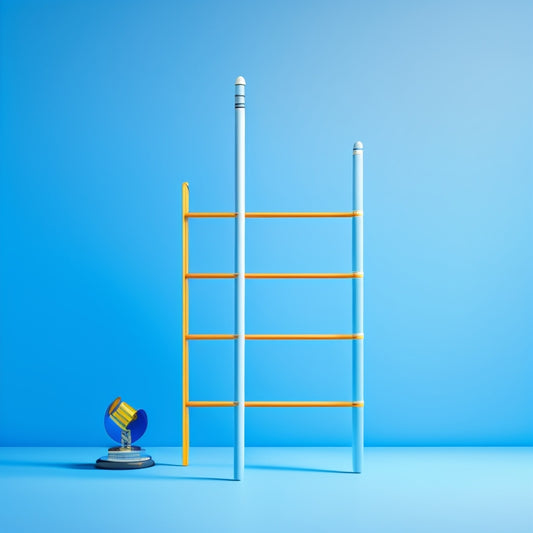 A minimalist illustration featuring a ladder with rungs labeled with icons representing specific, measurable, achievable, relevant, and time-bound elements, set against a bright blue background with subtle goal-oriented graphics.