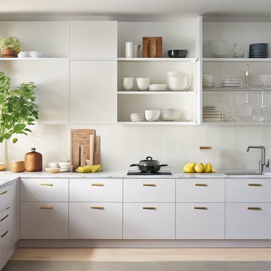 A modern kitchen with a sleek, white countertop featuring built-in shelves, holding cookbooks, decorative vases, and utensils, surrounded by minimalist cabinets and a stainless steel backsplash.