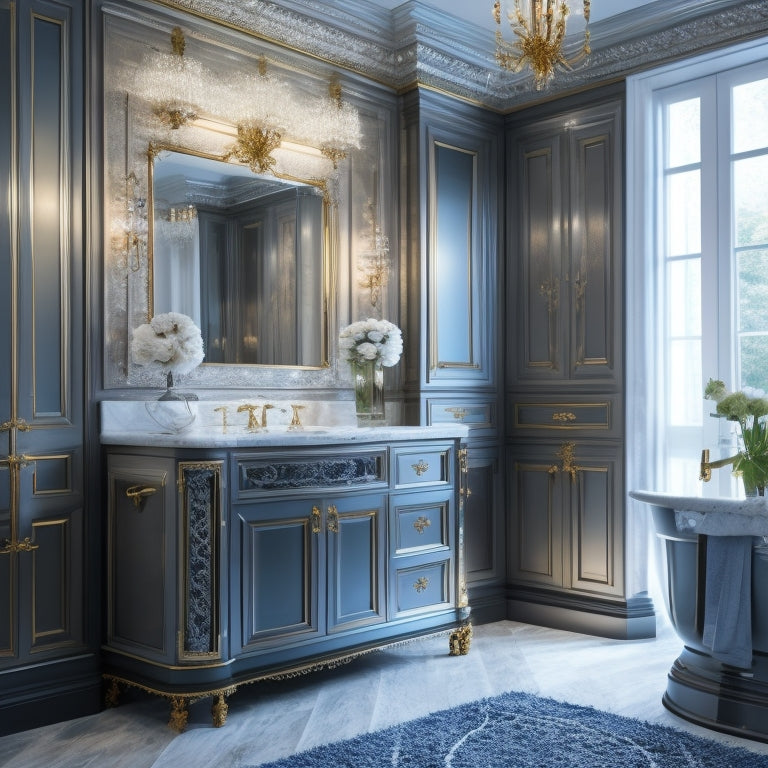 A luxurious bathroom with three stylish cabinet designs: a floor-to-ceiling mirrored cabinet, a wall-mounted floating cabinet with ambient LED lighting, and a freestanding cabinet with ornate metalwork.