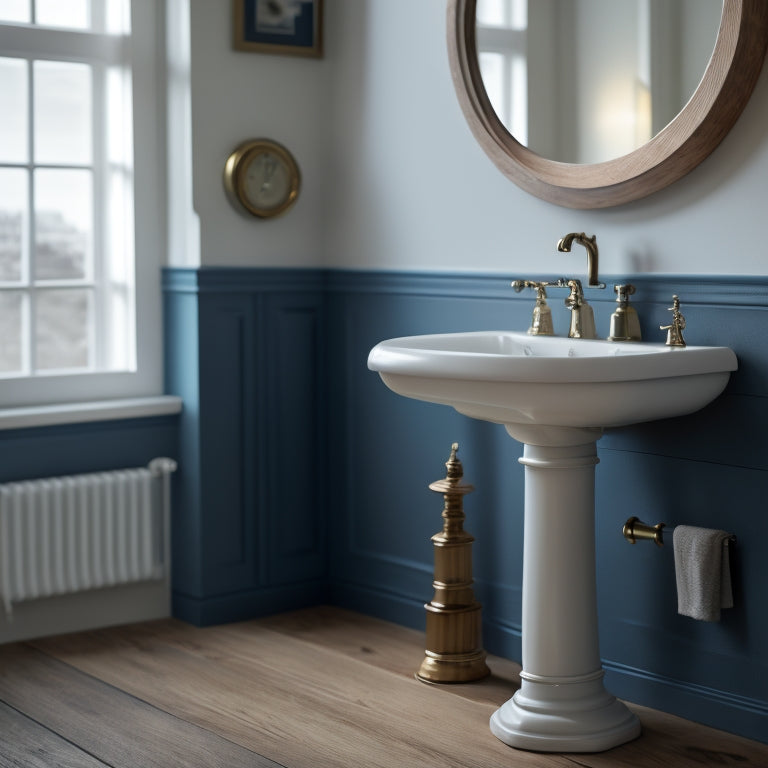 A pedestal sink centered in a bathroom, surrounded by a half-built wooden shelf with visible screws, a drill, and a measuring tape on the countertop.