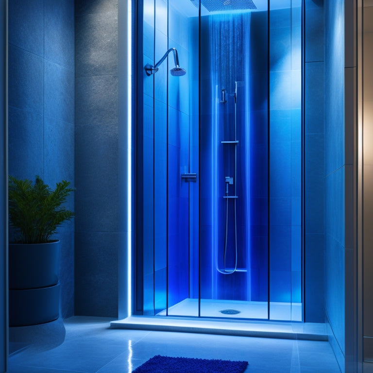 Generate an image of a sleek, modern bathroom shower with a rainfall showerhead, surrounded by walls of polished marble, and floor-to-ceiling glass panels illuminated by soft, blue LED lights.