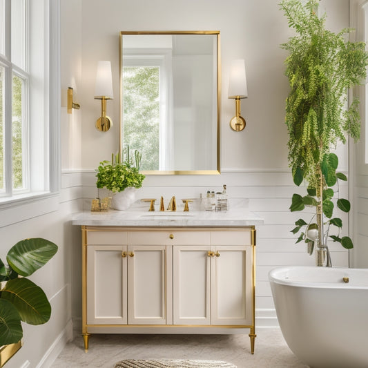 A modern bathroom with a large, wall-to-wall mirror above a sleek, white, and gold-toned cabinet with ornate metal handles, surrounded by soft, warm lighting and lush greenery.