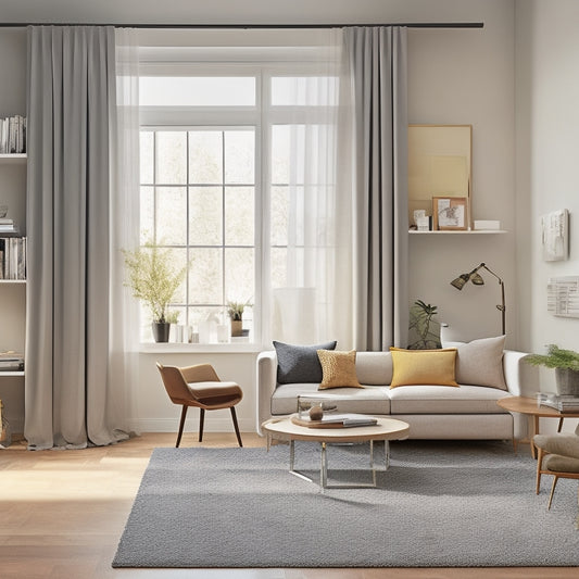 An organized, clutter-free, minimalist living room with a sleek, wall-mounted shelving unit, a compact storage ottoman, and a space-saving, foldable desk tucked behind a floor-to-ceiling curtain.