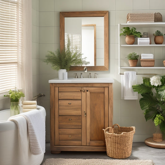 A clutter-free bathroom with a mix of open and closed storage solutions, including a wooden wall cabinet, woven baskets, and a multi-tiered pedestal sink organizer, surrounded by calming greenery.