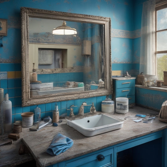 A cluttered, water-damaged vanity with peeling wallpaper, warped cabinets, and a cracked mirror, surrounded by DIY repair tools and materials, with a faint hint of renovation progress.