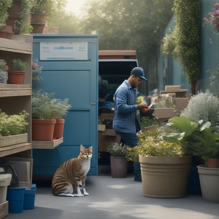 A serene, well-organized moving scene: a calm individual, surrounded by neatly labeled boxes, a color-coded moving checklist on a clipboard, and a tidy truck in the background, with a few plants and a cat nearby.