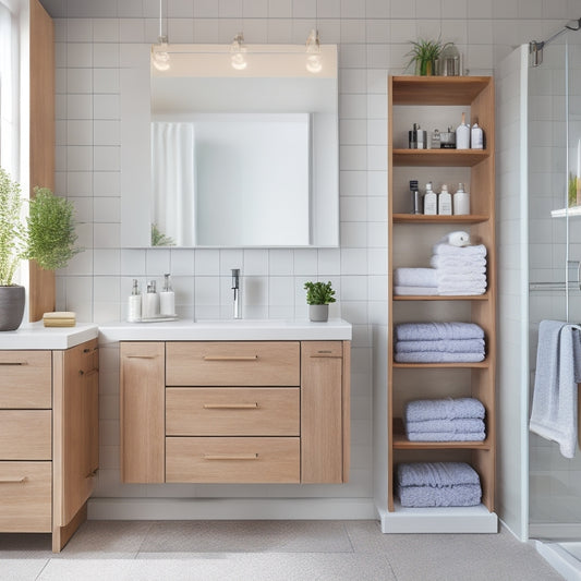 A modern bathroom with sleek, wall-mounted cabinets in a light wood tone, featuring sliding drawers, a recessed medicine cabinet, and a corner shelf with neatly arranged baskets and toiletries.