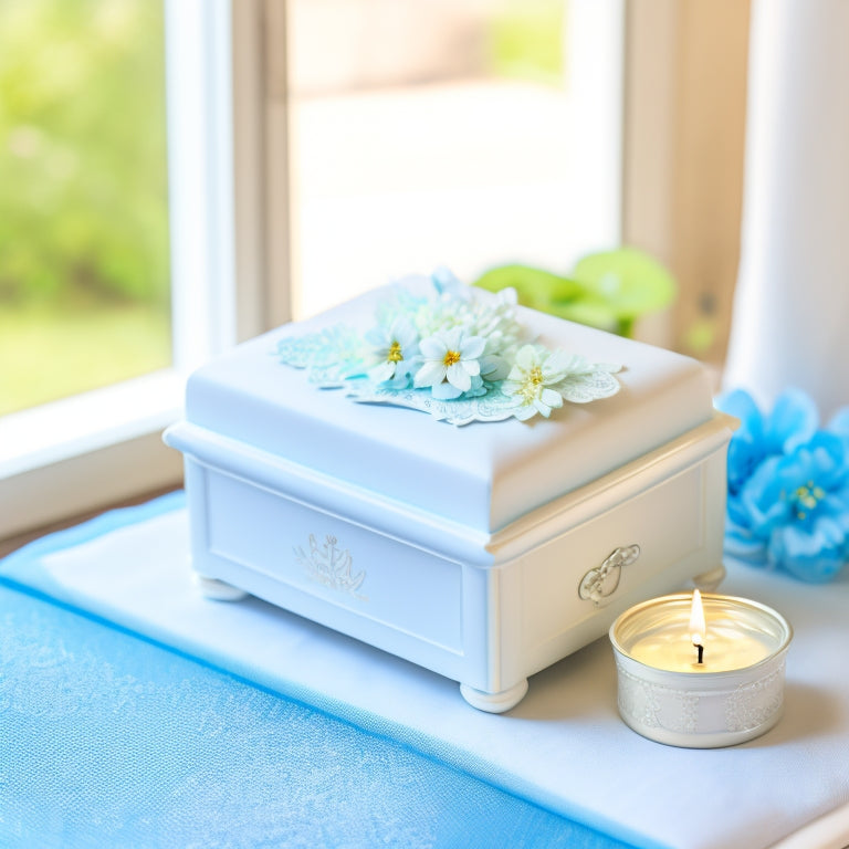 A delicate, lace-trimmed baptismal candle sits atop a soft, white, satin-covered box, surrounded by scattered, pale blue and white flowers, and a few, carefully placed, tiny, shiny, silver crosses.