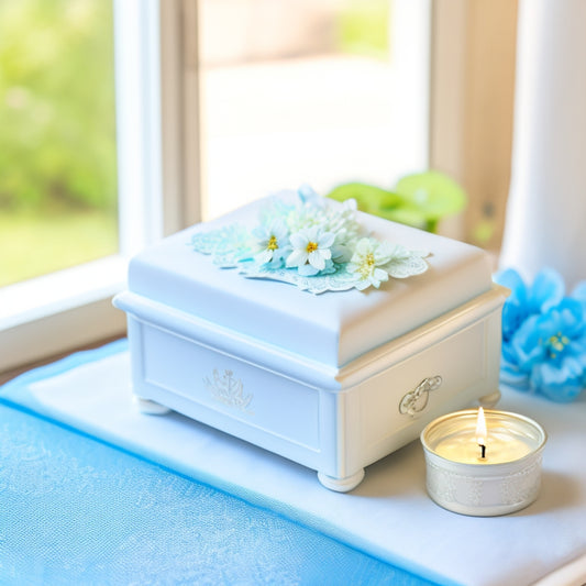 A delicate, lace-trimmed baptismal candle sits atop a soft, white, satin-covered box, surrounded by scattered, pale blue and white flowers, and a few, carefully placed, tiny, shiny, silver crosses.