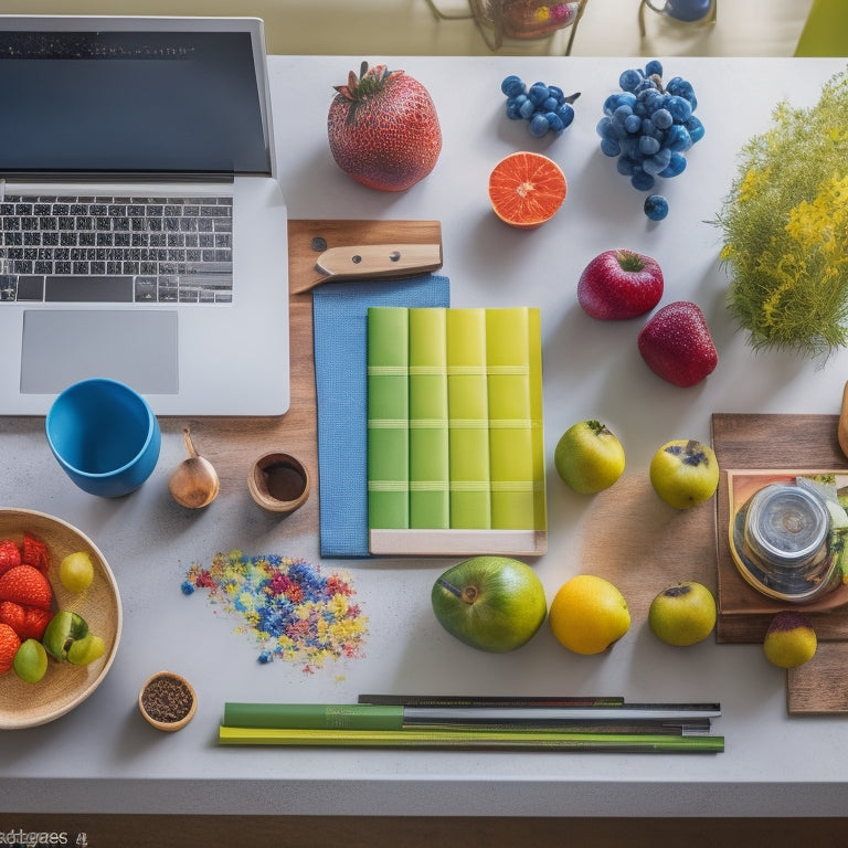 A colorful and organized kitchen counter with a laptop, a plate of fresh fruits, and a few printed meal planning sheets surrounded by colorful pens, with a subtle background of a kitchen utensil drawer.