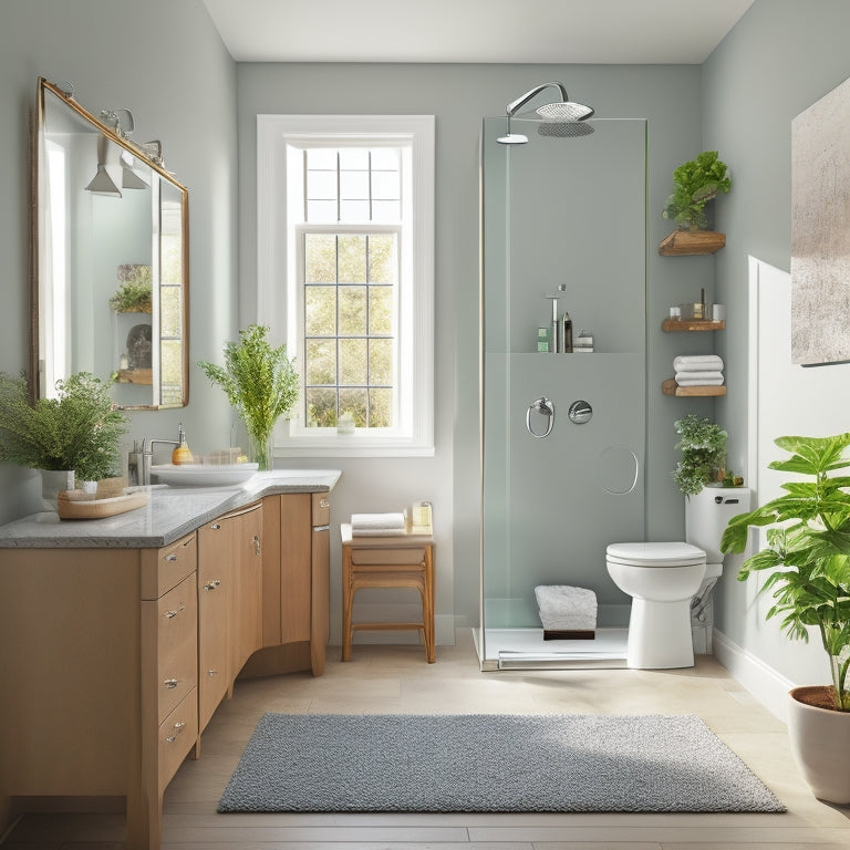 A serene, well-lit bathroom with a walk-in shower, grab bars, non-slip flooring, and a shower seat, surrounded by calming colors and minimal clutter, evoking a sense of safety and independence.