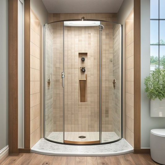 An illustration of a cross-sectioned wall, showcasing a recessed shower area with a curved glass enclosure, tile surround, and a showerhead mounted on a niche, surrounded by wooden studs and insulation.