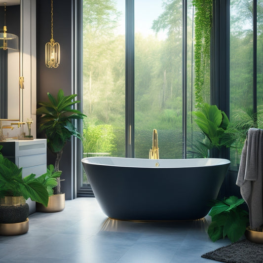 Generate an image of a sleek, modern bathroom with a freestanding tub, surrounded by lush greenery, and adorned with metallic accents, marble countertops, and a stunning chandelier.