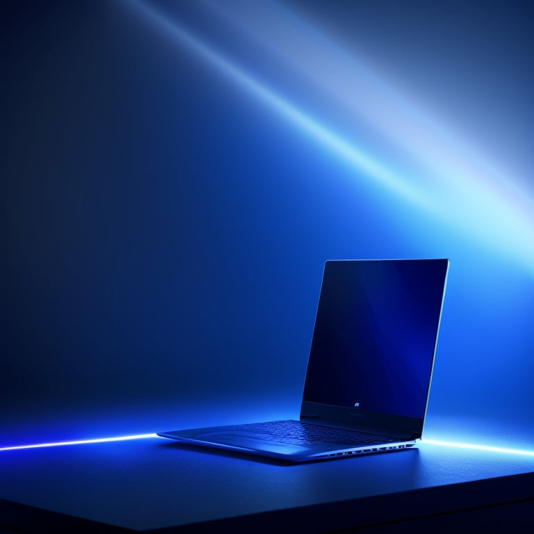 A spotlight shines on a sleek, silver laptop, open to a presentation slide with bold, colorful graphics and minimalist icons, set against a dark, gradient blue background with subtle, shimmering stars.