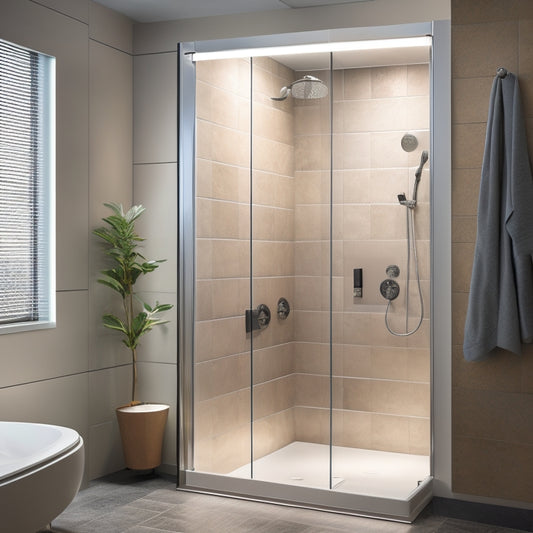 A serene, modern shower stall with three distinct lighting setups: soft, warm LED strips under the bench, bright overhead rain showerhead lights, and a sleek, wall-mounted adjustable reading light.