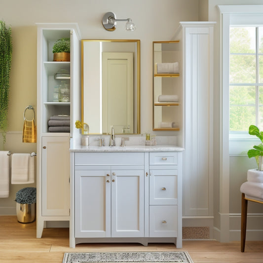 A stylish bathroom with a sleek, white corner cabinet featuring adjustable shelves, soft-close drawers, and a mirrored door, surrounded by a modern faucet and a few decorative towels.