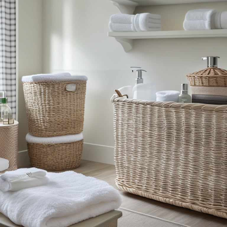 A serene bathroom with a white countertop, featuring three wicker baskets of varying sizes, each filled with rolled towels, skincare products, and toiletries, separated by wooden shelf dividers.