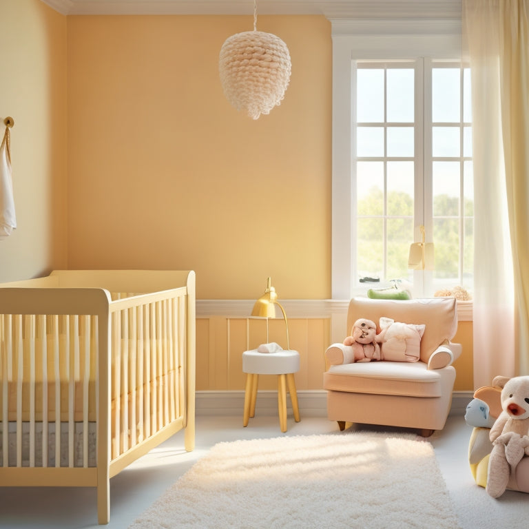 A serene, minimalist nursery with a crib, mobile, and plush toys, surrounded by pastel walls, a comfortable glider, and a window with soft, white curtains, bathed in warm, golden light.