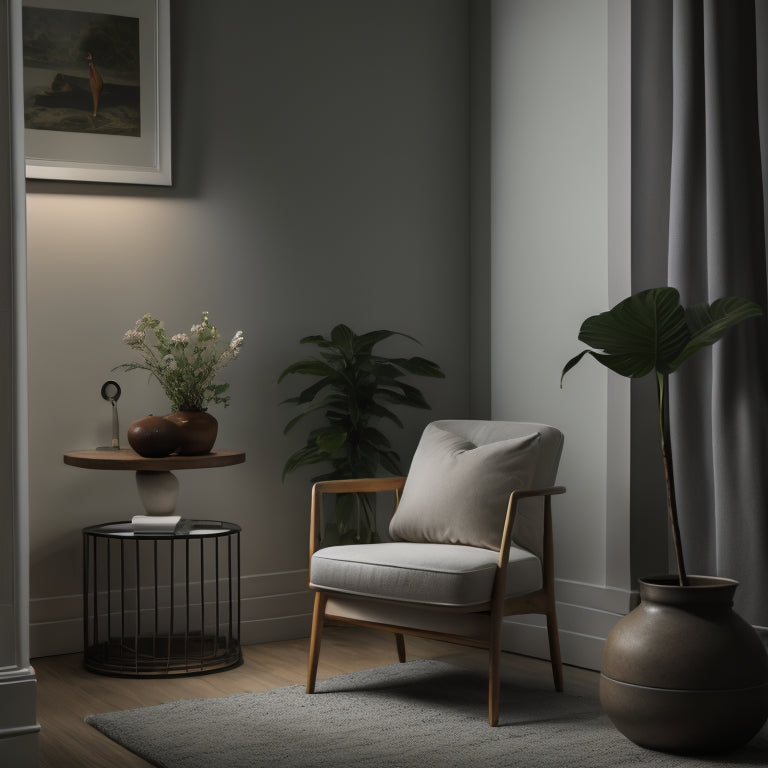 A serene, dimly lit room with a few, carefully curated possessions, including a single, elegant chair, a small potted plant, and a minimalist art piece on a white wall.