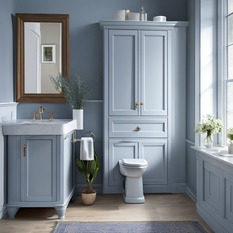 A serene, compact bathroom with a wall-mounted cabinet featuring frosted glass doors, a recessed medicine cabinet, and a pedestal sink with a slender storage tower beside it.