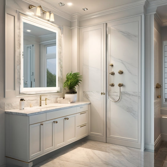 A luxurious bathroom with a large, wall-mounted cabinet featuring a built-in, LED-lit mirror with a soft, warm glow, and a sleek, chrome handle, set against a backdrop of creamy white marble and subtle, gray veining.