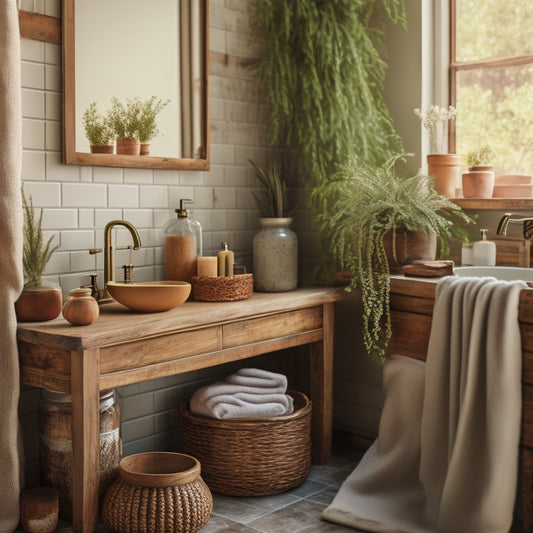 A cozy rustic bathroom featuring warm wooden floating shelves adorned with potted plants, vintage jars, and rolled towels, surrounded by soft, natural light filtering through a small window, highlighting earthy tones and textures.