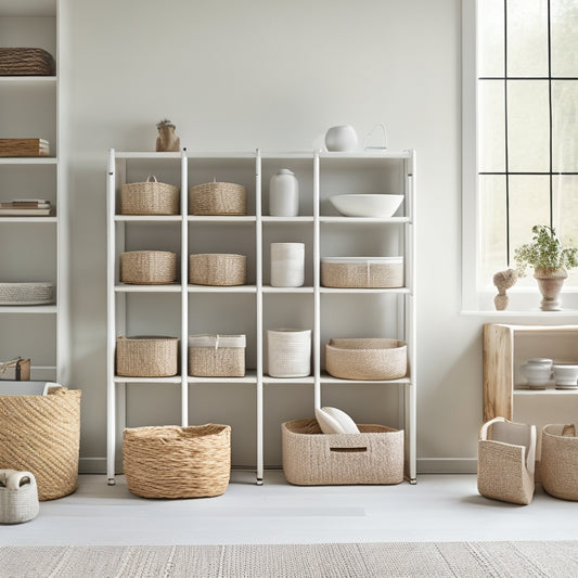 A serene, minimalist room with a few, carefully placed storage units: woven baskets, wooden crates, and stackable shelves, amidst a calming color palette of whites, woods, and soft grays.