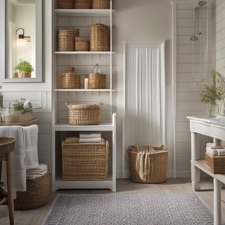 A serene bathroom with a wall-mounted, ladder-like shelving unit holding woven baskets, a freestanding tub surrounded by candles, and a hidden storage cabinet behind a mirror.