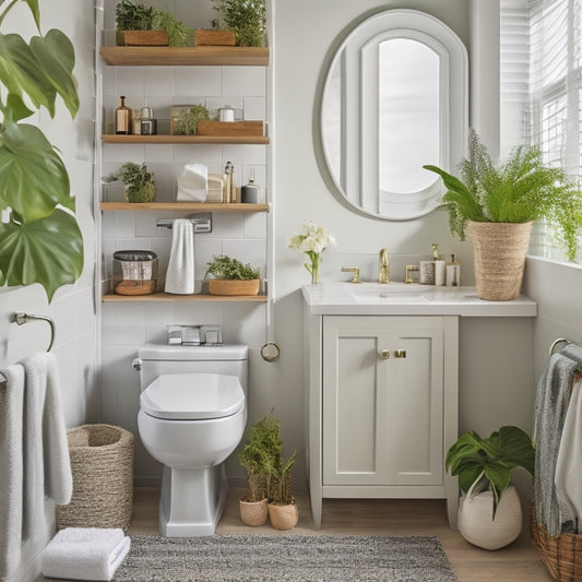 A stylish compact bathroom featuring elegant over-the-toilet shelving, adorned with neatly arranged decorative plants, folded towels, and chic storage baskets, all set against a serene color palette and modern fixtures.