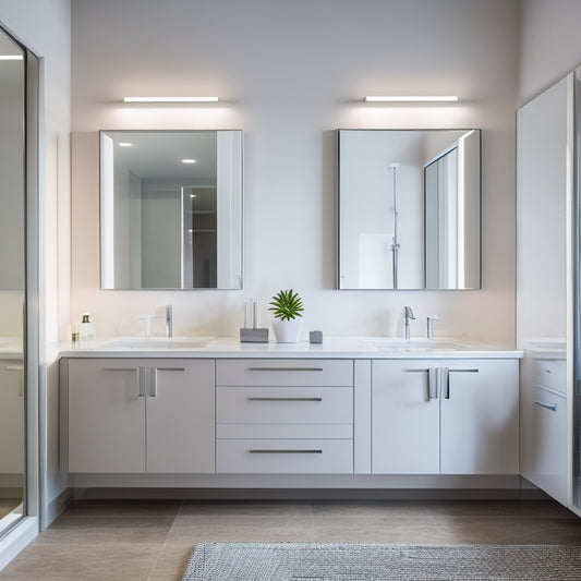 A modern bathroom with a large, rectangular, LED-lit mirror above a sleek, white, double-sink vanity, flanked by two tall, mirrored wall storage cabinets with chrome handles and soft, warm lighting.